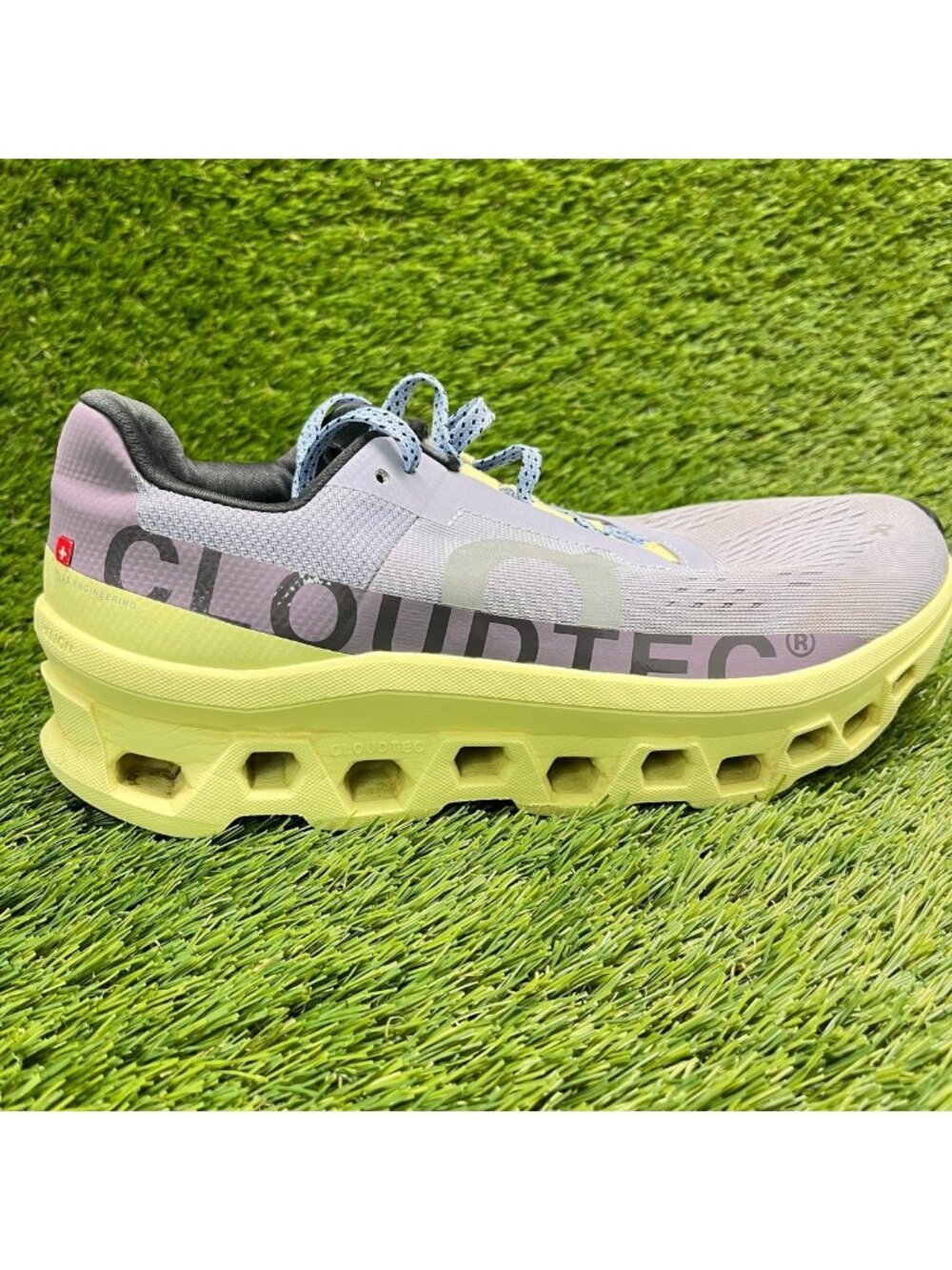 On Cloudmonster Women Size 10 Gray Purple Yellow Athletic Running Shoes Sneakers